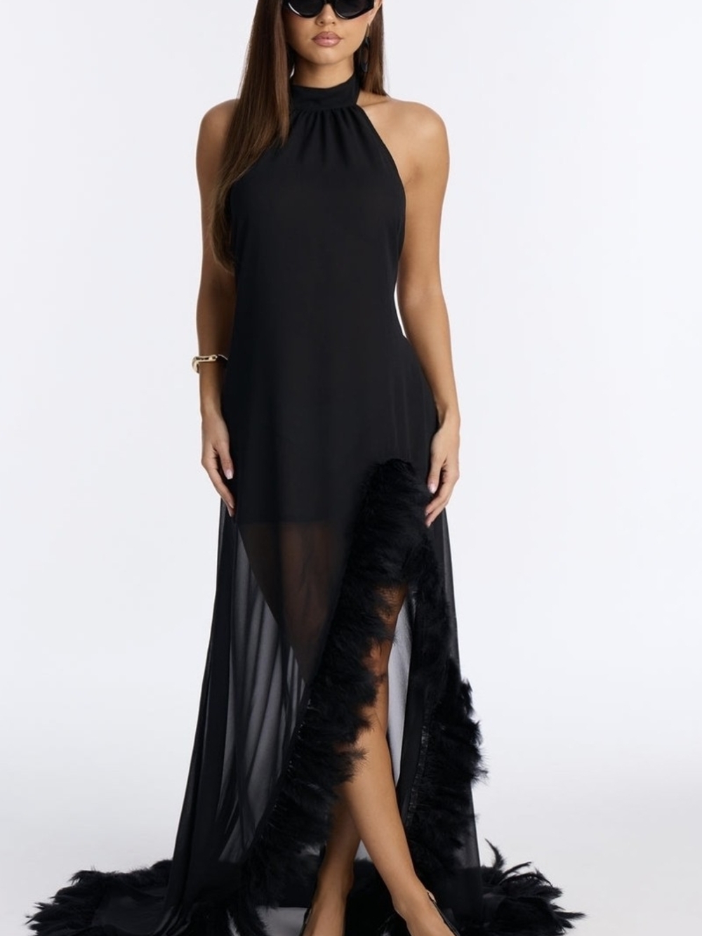 Fashion Nova Black Halter High-Low Feather Trim Gown